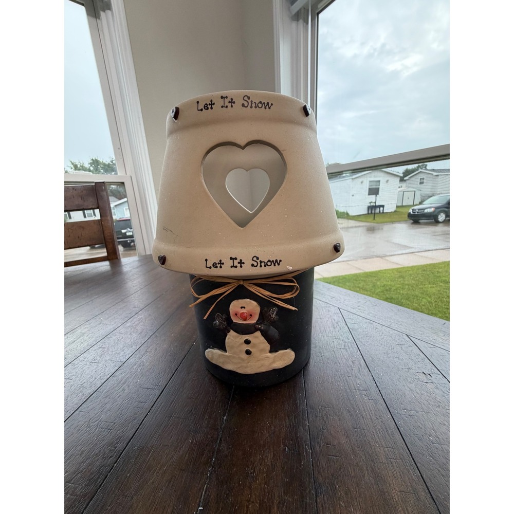 Let It Snow Ceramic Snowman Candle Holder with Heart Cutout Lampshade Topper